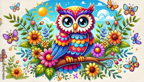 Cartoon of a colorful owl in a flower garden  photo