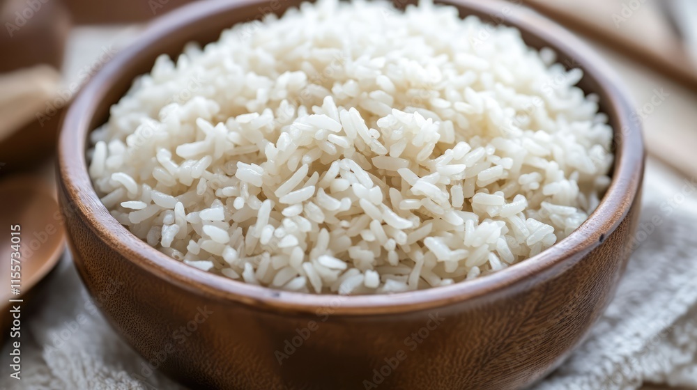 Steamed rice served in a rustic wooden bowl highlighting its fluffy texture and natural appearance for culinary use Steamed rice served in a rustic wooden bowl highlighting its fluffy texture and natural appearance for culinary use