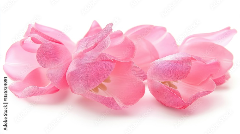 Obraz premium Delicate pink tulips arranged beautifully isolated on a clean white background creating a serene floral composition for various uses