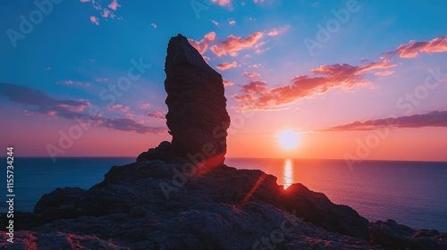 Majestic rock formation silhouetted against vibrant dawn sky over ocean horizon with colorful clouds and rising sun reflecting on water. photo