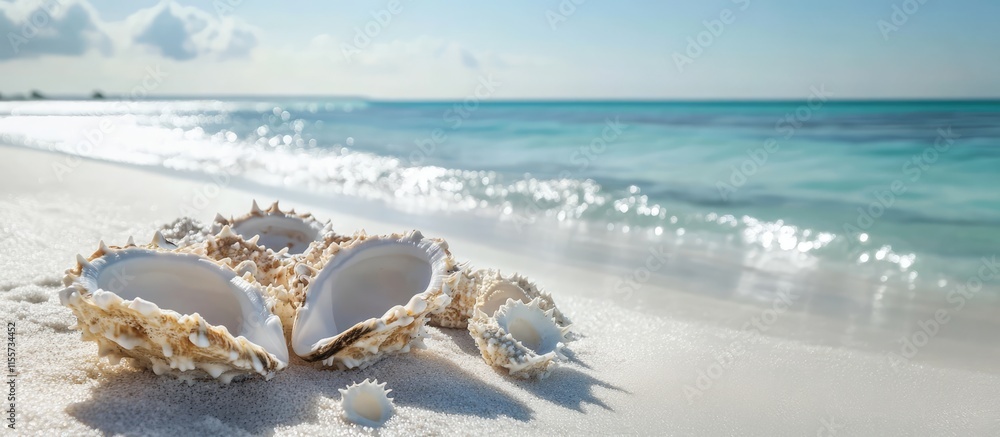 Tranquil beach scene with seashells on white sand under a clear sky and sparkling turquoise water