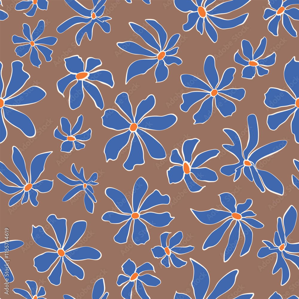 Obraz premium Hand drawn flower heads seamless repeat pattern on Mocha Mousse brown background. Vector, botany bloomy aop, all over print.