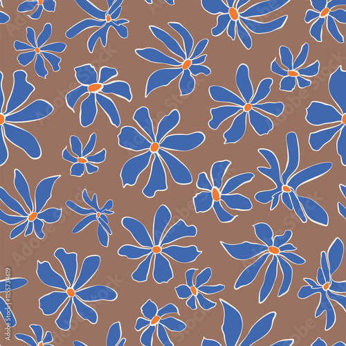 Hand drawn flower heads seamless repeat pattern on Mocha Mousse brown background. Vector, botany bloomy aop, all over print.