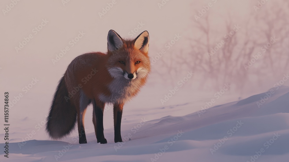 Fototapeta premium Red fox standing in snowy landscape during twilight showcasing its beauty and adaptability in the wild.