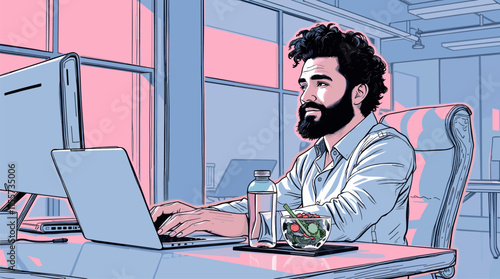 Business man sitting at desk with laptop. Bearded handsome guy in casual clothes typing on computer in office room with window and chair. The man typing on his laptop. Vector sketch illustration