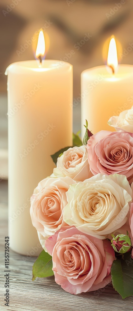 Obraz premium Candlelit Dinners and Romantic Settings for Lovebirds in double exposure style, merging the soft glow of candle flames with a vibrant bouquet of roses, creating a warm and intimate atmosphere