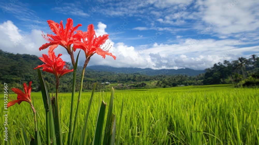 Calincing flower blooming in vibrant fields under a blue sky showcasing lush green rice paddies and expansive natural beauty. Calincing flower blooming in vibrant fields under a blue sky showcasing lush green rice paddies and expansive natural beauty.