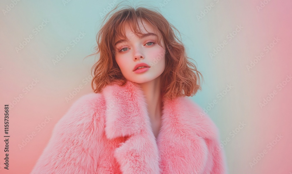 A young woman poses in a vibrant pink fur coat against a pastel background. A young woman poses in a vibrant pink fur coat against a pastel background.
