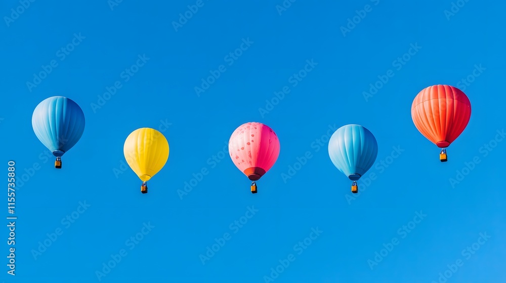Colorful Hot Air Balloons Float Across a Clear Blue Sky Colorful Hot Air Balloons Float Across a Clear Blue Sky