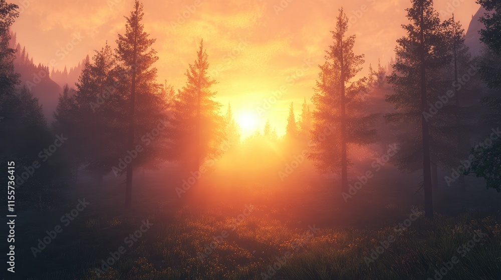 Sunrise illuminating a forest landscape with misty trees and vibrant colors creating a serene and tranquil atmosphere. Sunrise illuminating a forest landscape with misty trees and vibrant colors creating a serene and tranquil atmosphere.
