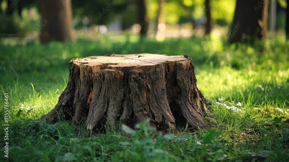 Decaying oak tree stump in a tranquil park setting surrounded by lush green grass and soft sunlight filtering through the trees. Decaying oak tree stump in a tranquil park setting surrounded by lush green grass and soft sunlight filtering through the trees.