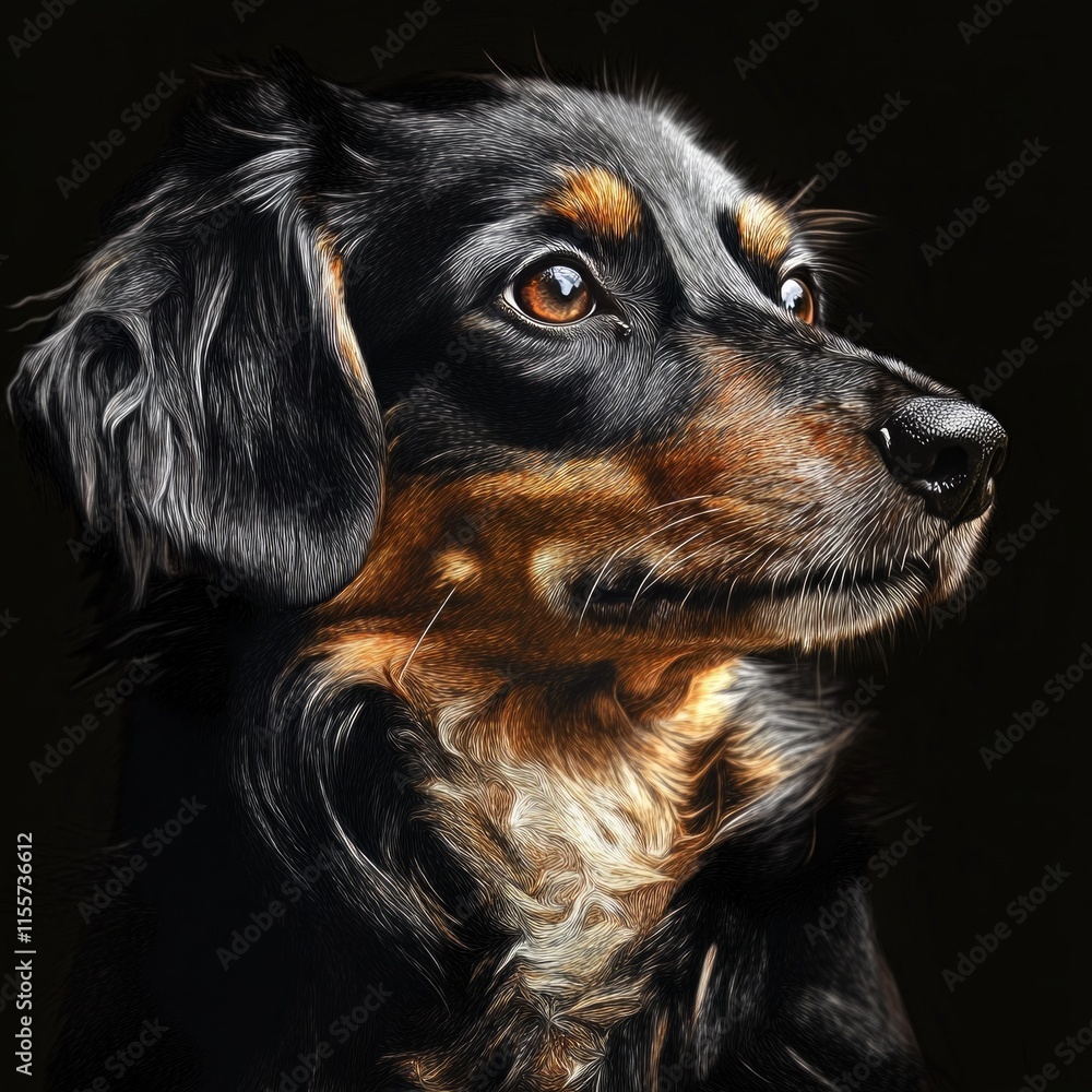 Long-haired black and tan dog with alert expression on dark background Long-haired black and tan dog with alert expression on dark background
