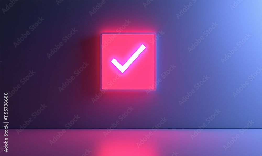 Neon checkmark icon glowing in a dark background, symbolizing approval or completion. Neon checkmark icon glowing in a dark background, symbolizing approval or completion.