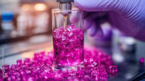A close-up of a gloved hand pouring liquid into a glass container filled with vibrant pink cubes, set against a laboratory background.