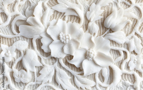 Elegant White Floral Lace Texture Intricate 3D Relief Design Craftsmanship