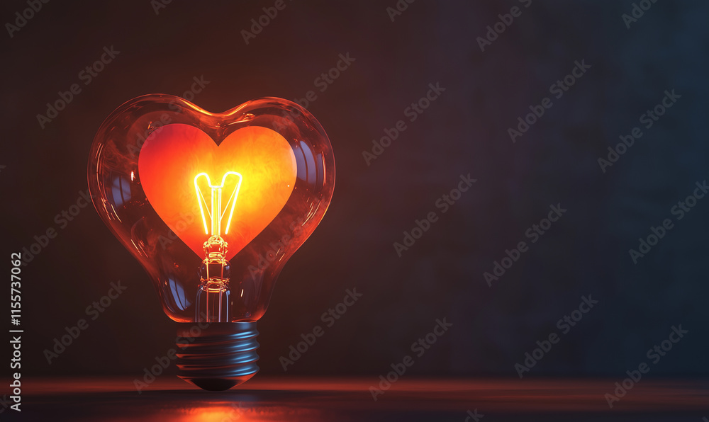 A heart-shaped light bulb emits a warm glow against a dark background, symbolizing love and creativity in a cozy atmosphere. A heart-shaped light bulb emits a warm glow against a dark background, symbolizing love and creativity in a cozy atmosphere.