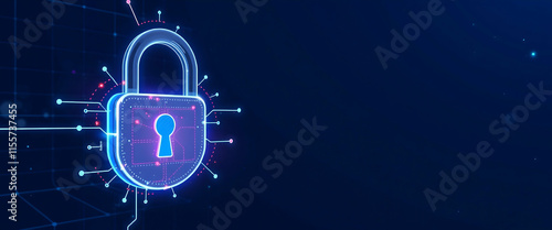Digital Padlock icon Cyber security technology , Line and Triangle with a Network of Points ,Padlock icon Cyber security technology , Lines, Triangles, copy space