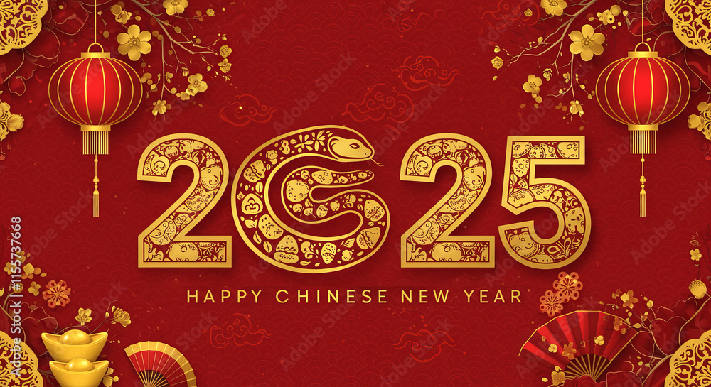 Naklejka premium Happy Chinese New Year 2025. Snake zodiac with lanterns, cloud on red background for card design. China lunar calendar animal. Translation happy new year 2025, year of the snake