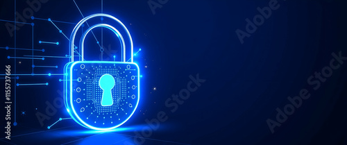 Digital Padlock icon Cyber security technology , Line and Triangle with a Network of Points ,Padlock icon Cyber security technology , Lines, Triangles, copy space