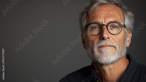 Mature man with glasses and beard gazes thoughtfully at the camera in a studio setting with neutral background. Portrait photography for lifestyle visuals.