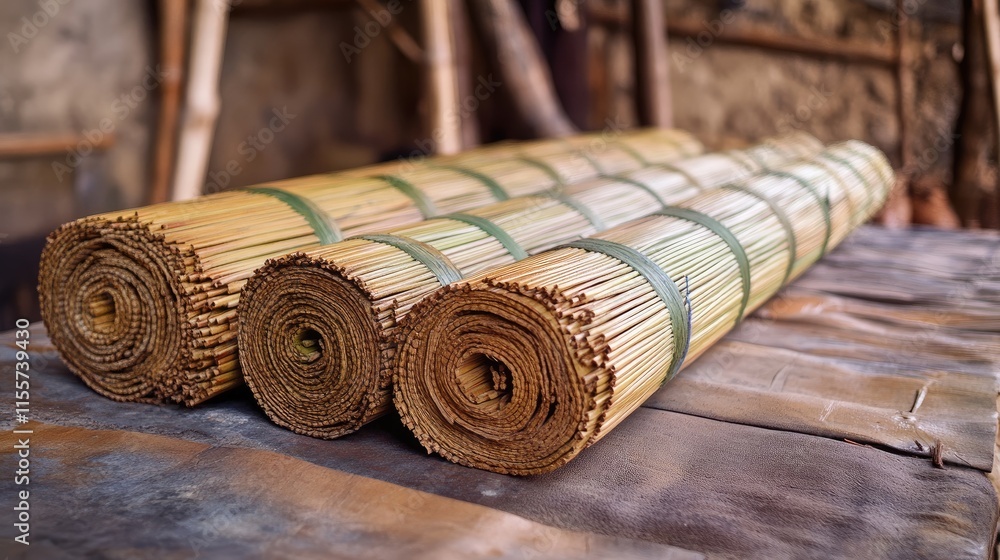 Traditional papyrus reed mats stacked neatly, showcasing local craftsmanship in weaving dyed strands for bedding and decorative purposes. Traditional papyrus reed mats stacked neatly, showcasing local craftsmanship in weaving dyed strands for bedding and decorative purposes.