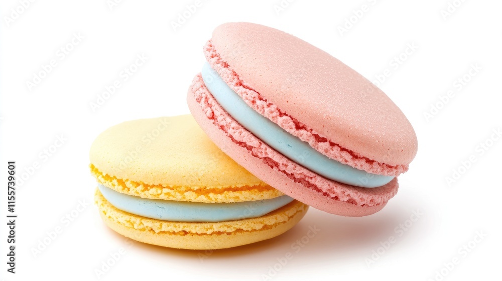 Colorful French macarons stacked on a white surface showcasing delicate pastel hues and creamy fillings in a delicious dessert presentation. Colorful French macarons stacked on a white surface showcasing delicate pastel hues and creamy fillings in a delicious dessert presentation.