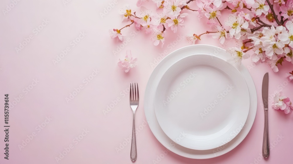 Elegant table setting with white plates cutlery and pink blossom flowers on pink background flat lay with ample copy space Elegant table setting with white plates cutlery and pink blossom flowers on pink background flat lay with ample copy space
