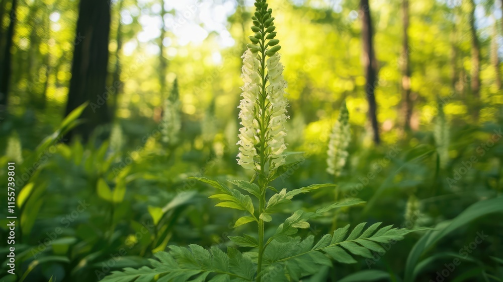 Obraz premium Lush green forest with tall fern and delicate white flowers in natural sunlight creating a serene woodland landscape