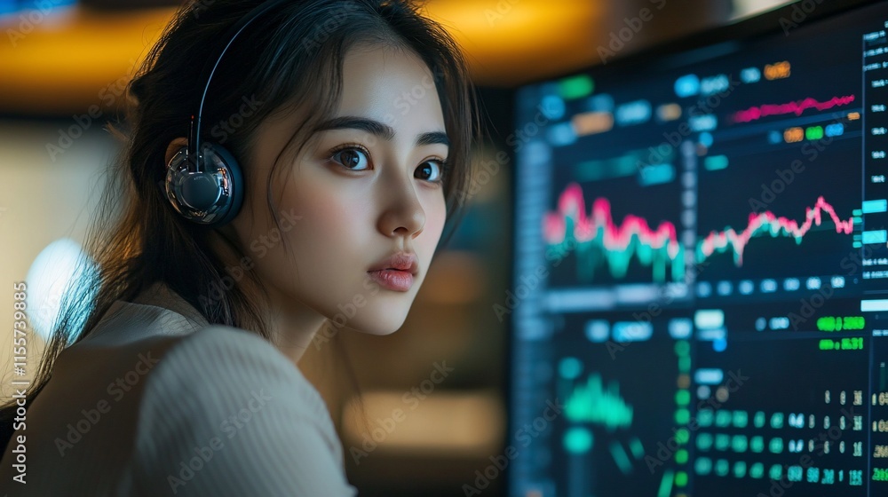 A young woman with headphones analyzes data on a computer screen. A young woman with headphones analyzes data on a computer screen.
