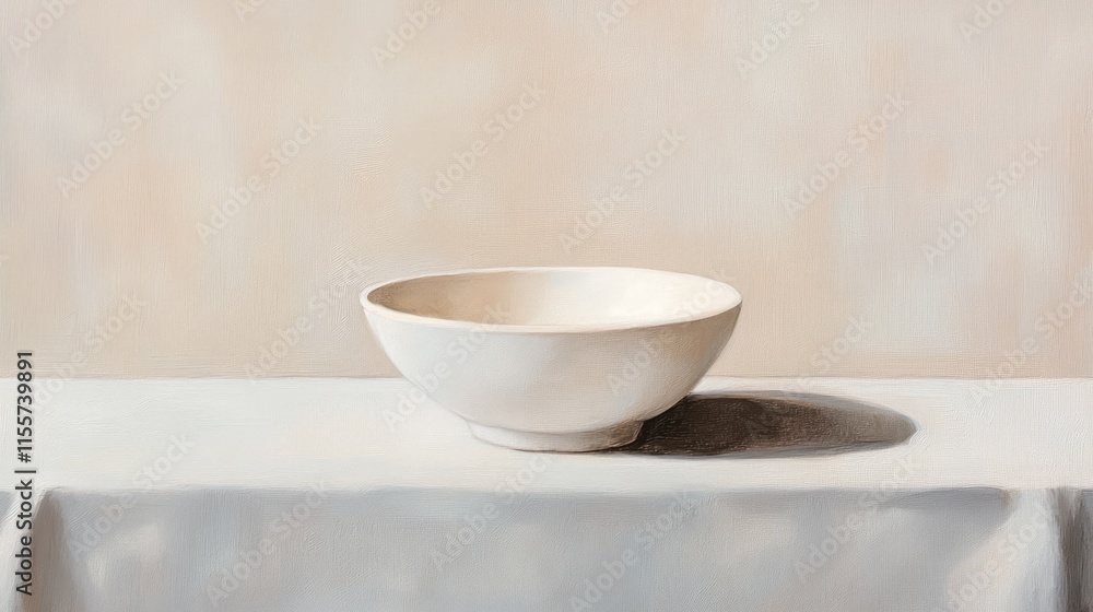 Minimalist table setting featuring an empty white ceramic bowl on a soft color background with subtle shadows and natural lighting. Minimalist table setting featuring an empty white ceramic bowl on a soft color background with subtle shadows and natural lighting.