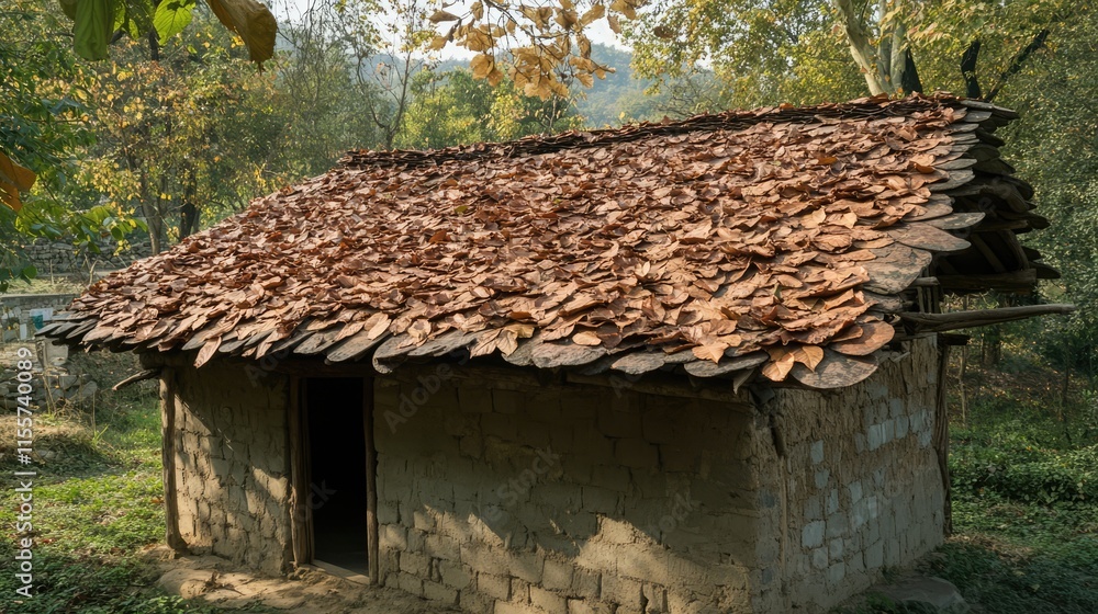 Rustic house with a unique brown leaf roof surrounded by lush greenery in a tranquil natural setting. Rustic house with a unique brown leaf roof surrounded by lush greenery in a tranquil natural setting.