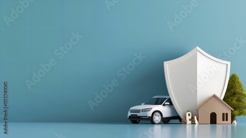 Insurance concept with a car, house, shield, and tree on blue background. photo