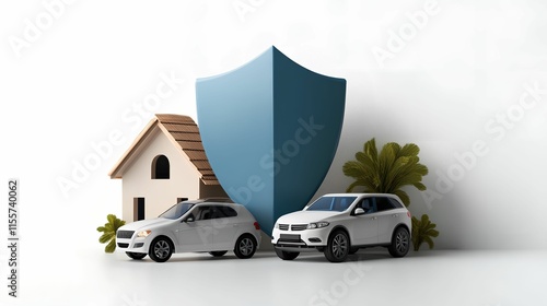 A house, cars, and a shield symbolizing insurance protection.