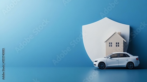 A car and house model shielded by a protective emblem. photo