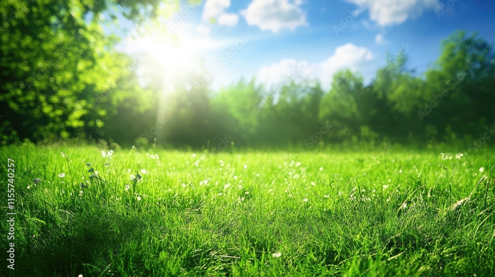 Lush green grass in a serene forest meadow illuminated by sunlight under a clear blue sky with fluffy clouds Lush green grass in a serene forest meadow illuminated by sunlight under a clear blue sky with fluffy clouds