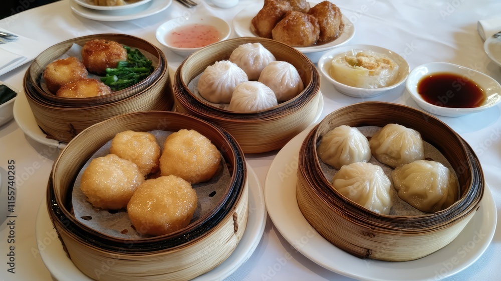 Dim sum variety featuring steamed and fried buns dumplings rolls served in bamboo baskets perfect for sharing with family and friends Dim sum variety featuring steamed and fried buns dumplings rolls served in bamboo baskets perfect for sharing with family and friends