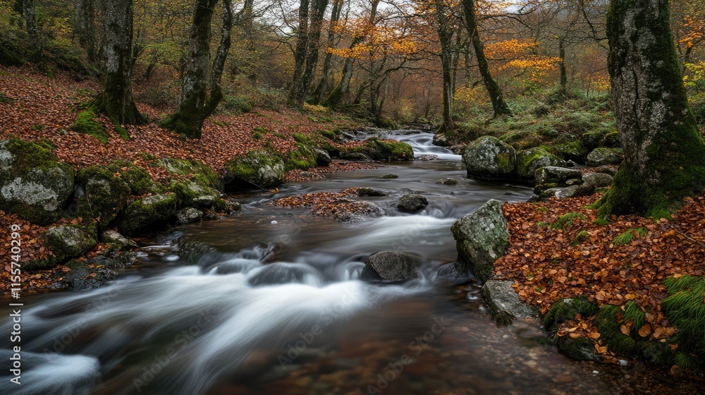 Serene river flowing through a tranquil forest surrounded by autumn foliage and rocks during a peaceful fall afternoon Serene river flowing through a tranquil forest surrounded by autumn foliage and rocks during a peaceful fall afternoon