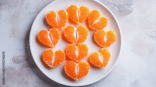 Tangerine slices shaped like hearts arranged beautifully on a white plate creating a vibrant and appealing presentation photo