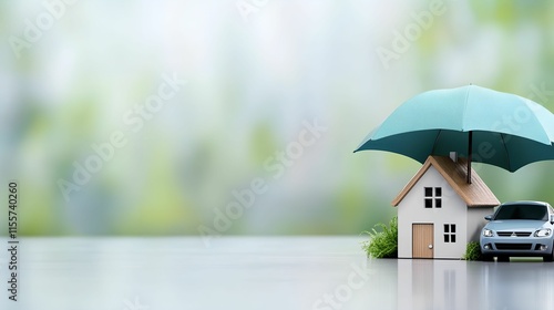 A house with an umbrella and a car, symbolizing protection and safety.