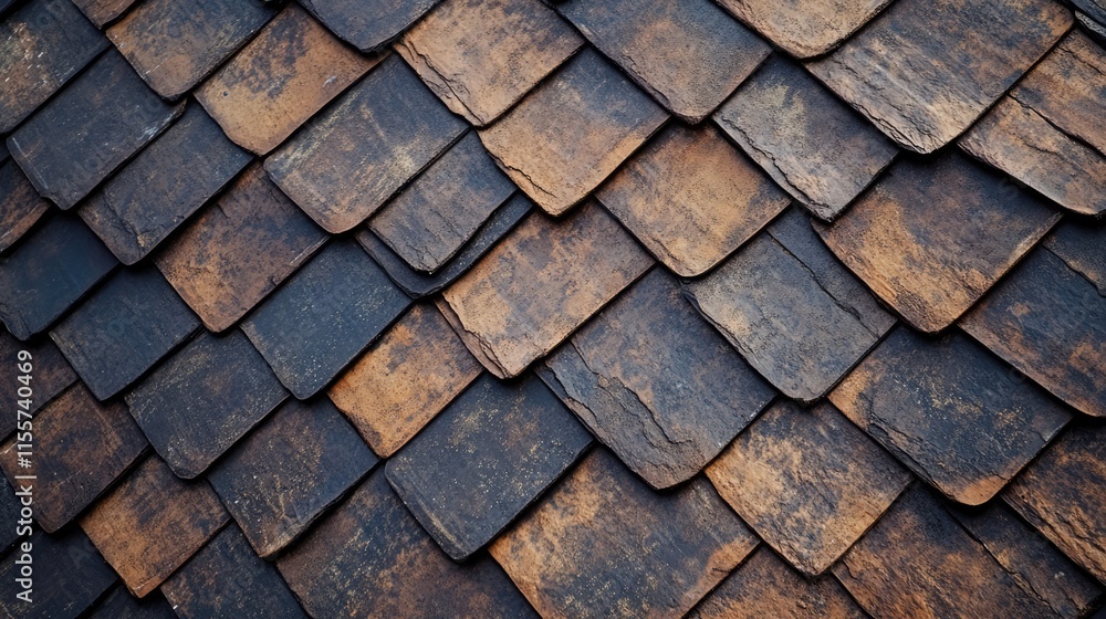 Brown bituminous shingle roofing texture in close-up detailed view showcasing layered design and weathered appearance for architectural use Brown bituminous shingle roofing texture in close-up detailed view showcasing layered design and weathered appearance for architectural use