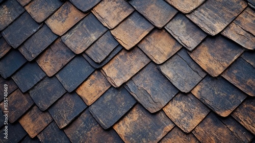 Brown bituminous shingle roofing texture in close-up detailed view showcasing layered design and weathered appearance for architectural use photo