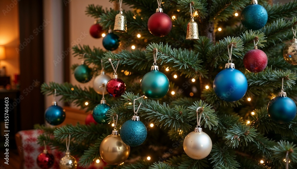 Fototapeta premium Christmas Tree Decorated with Festive Ornaments Representing Holiday Cheer