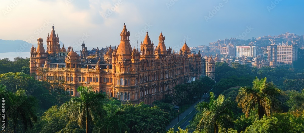 Fototapeta premium Stunning cityscape showcasing historic palaces and monuments surrounded by lush greenery and skyline views