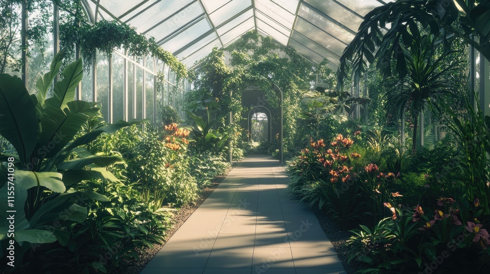Obraz premium Embrace tranquility in a lush greenhouse with vibrant flora and serene pathways illuminated by natural light.