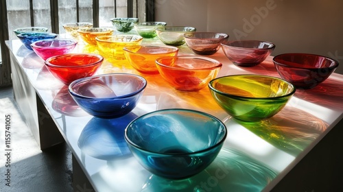 Colorful Glass Bowls Displayed on Table Showcasing Artistry of Glassblowers in a Bright Sunlit Workshop photo