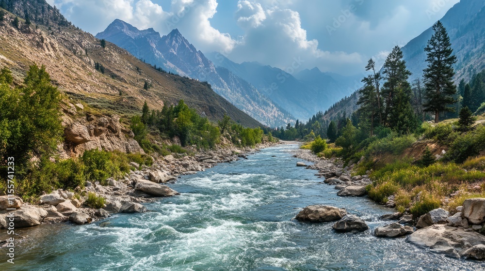 Serene River Flowing Through a Majestic Mountain Valley Under Dramatic Clouds Serene River Flowing Through a Majestic Mountain Valley Under Dramatic Clouds