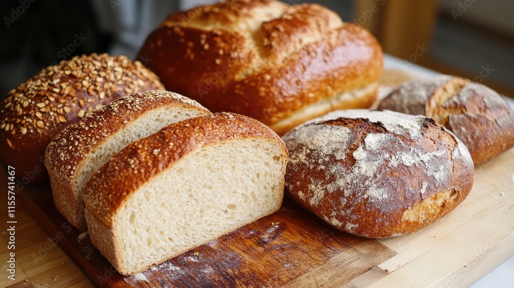 Baked artisanal bread varieties displayed on a wooden cutting board showcasing the bread-making process and fresh ingredients. Baked artisanal bread varieties displayed on a wooden cutting board showcasing the bread-making process and fresh ingredients.