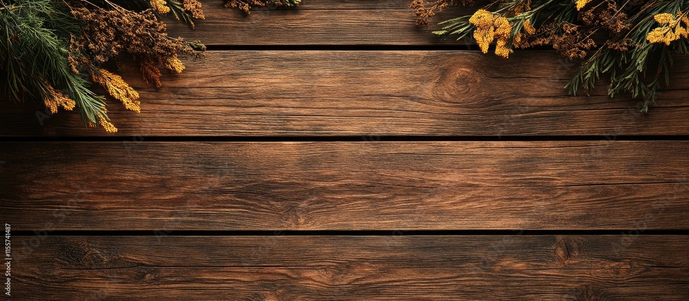 Fototapeta premium Thanksgiving card design with rustic wood background and autumn decorations creating a warm and cozy seasonal atmosphere