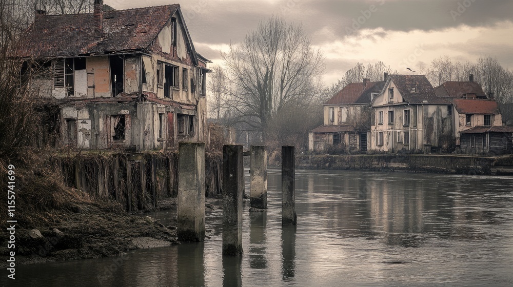 Decaying riverside houses reflect history with concrete pillars standing amidst tranquil waters and moody skies in a forgotten landscape.