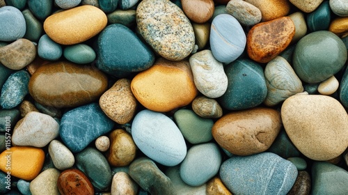 Colorful smooth pebbles on a sandy beach creating a beautiful natural texture background for relaxation and coastal themes photo